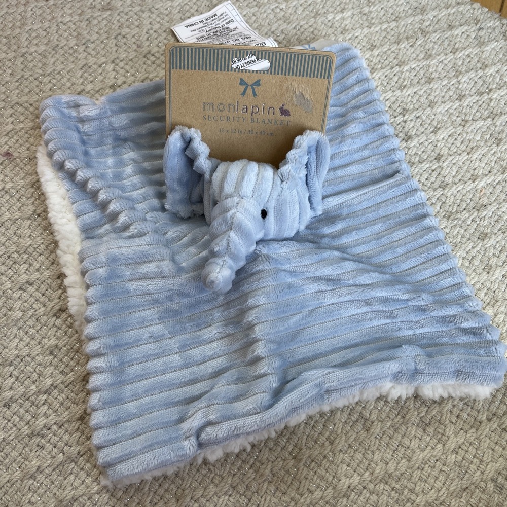 Mon Lapin Elephant Blue Security Blanket Lovey Plush Chenille Ribbed Sherpa New